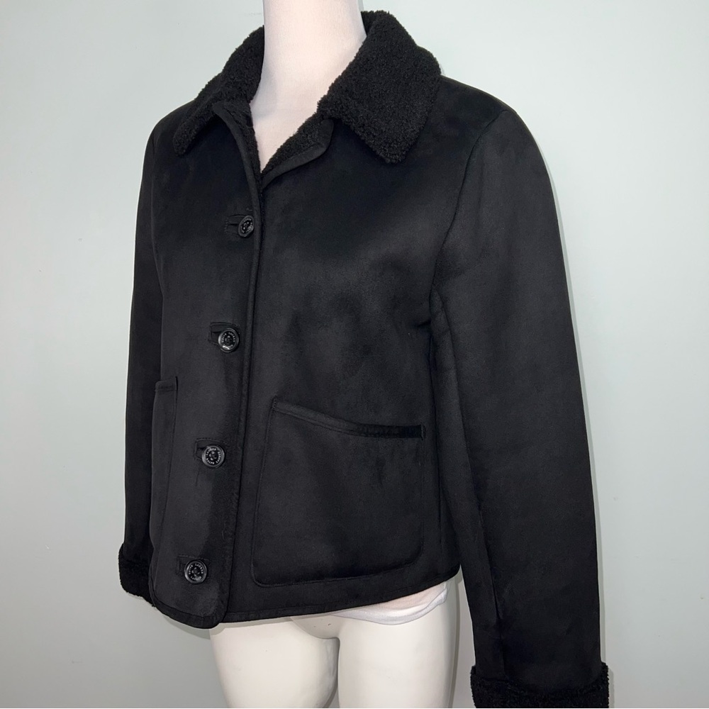 Lauren Ralph Lauren Black Faux Suede Shearling Collar Jacket Women’s Size SP - Picture 3 of 9